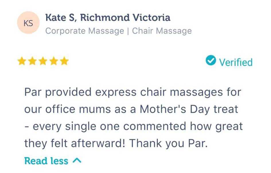 screenshot of client review feedback on relax mobile massage, mobile massage service in melbourne