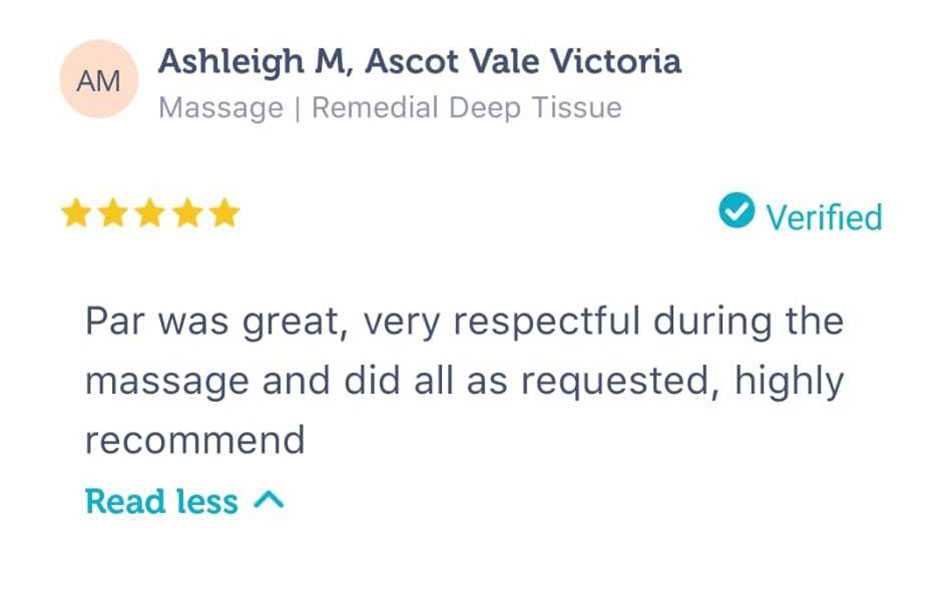 screenshot of client review feedback on relax mobile massage, mobile massage service in melbourne